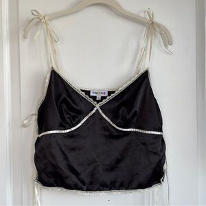 Black Satin Lace-Trim Cami with Cream Accents